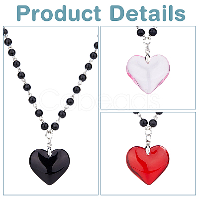 FIBLOOM 3Pcs 3 Colors Glass Heart Pendant Necklaces Set with Plastic Beaded Chains NJEW-FI0001-40-1