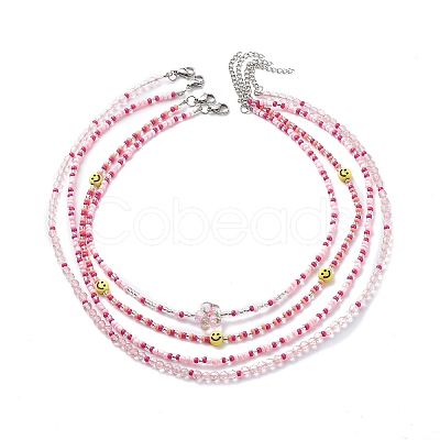 4Pcs 4 Style Smiling Face Flower Acrylic & Glass Seed Beaded Necklaces Set for Women NJEW-JN04015-1