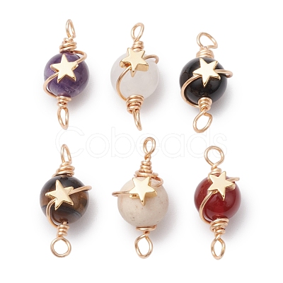 Natural Amethyst/Carnelian/Fossil/Black Onyx(Dyed & Heated)/White Jade/Tiger Eye Round Copper Wire Wrapped Connector Charms PALLOY-JF03035-1