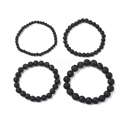 4Pcs Round Natural Lava Rock Beads Stretch Bracelets BJEW-JB10965-1