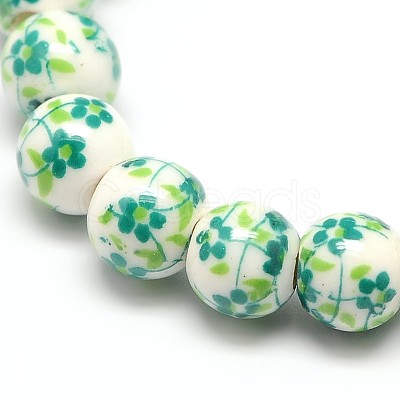 Handmade Flower Printed Porcelain Ceramic Beads Strands PORC-M005-6mm-07-1