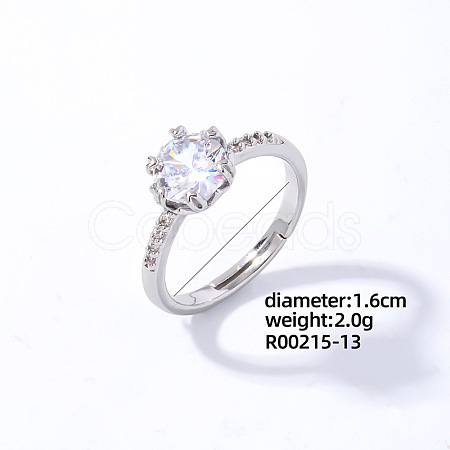 Flat Round Platinum Brass Adjustable Ring with Cubic Zirconia EG7863-10-1