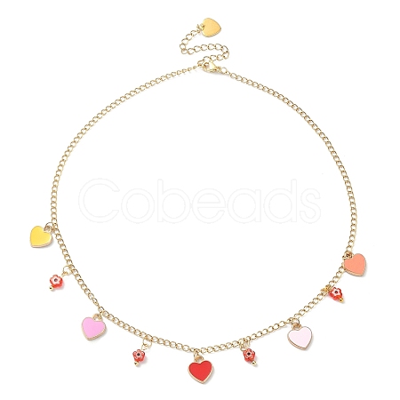 Alloy Heart & Millefiori Glass Flower Bib Necklace with Ion Plating(IP) Handmade 304 Stainless Steel Chains NJEW-JN04403-1
