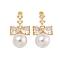 Brass Micro Pave Cubic Zirconia Pendants, with ABS Plastic Pearl, Bowknot, Real 18K Gold Plated, 26x13x9.5mm, Hole: 1.4mm