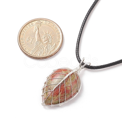 Natural Unakite Leaf Cage Pendant Necklace with Waxed Cords NJEW-TA00035-03-1