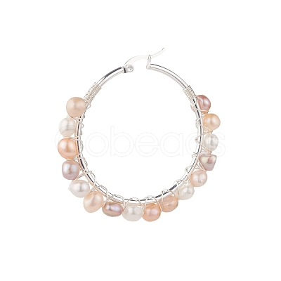 Natural Pearl Wire Wrapped Beaded Hoop Earrings for Women EJEW-JE04759-04-1