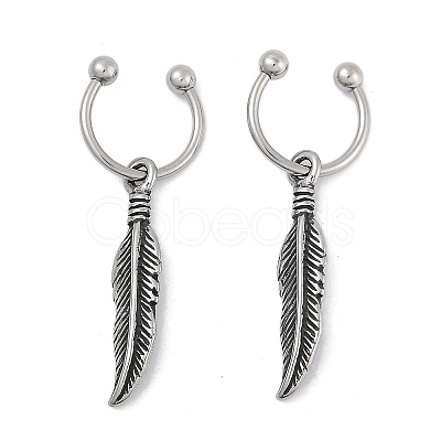 Feather 316 Surgical Stainless Steel Dangle Half Hoop Earrings for Women EJEW-G416-46AS-1