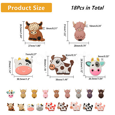 CHGCRAFT 18Pcs 18 Styles Cow/Cattle Food Grade Silicone Beads SIL-CA0002-86-1