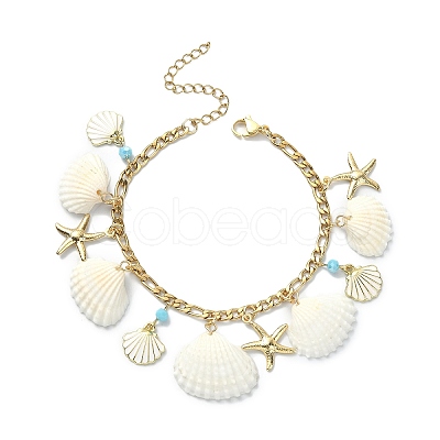 Natural Shell & 304 Stainless Steel Starfish & Alloy Enamel Charm Bracelet BJEW-TA00356-1