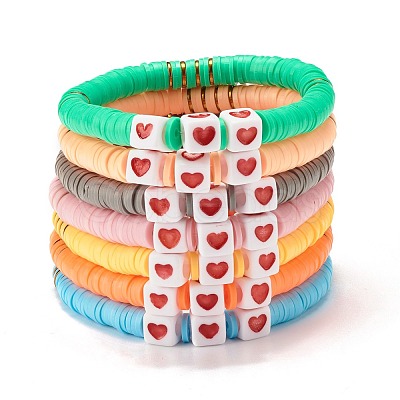 7Pcs 7 Style Polymer Clay Heishi Beaded Stretch Bracelets Set with Heart BJEW-JB07529-1