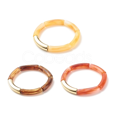 3Pcs 3 Color Imitation Gemstone Acrylic Curved Tube Beaded Stretch Bracelets Set BJEW-JB07981-1