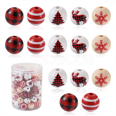 Beadthoven 100Pcs 5 Style Christmas Themed Dyed Natural Wooden Beads WOOD-BT0001-07-1