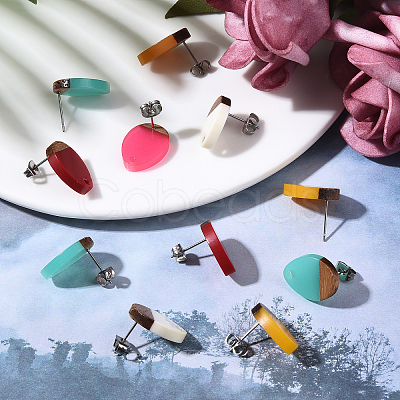 12 Pairs 6 Colors Resin & Walnut Wood Stud Earring Findings MAK-CJ0001-08-1