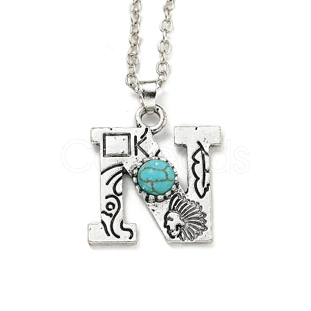Letter A~Z Antique Silver Plated Alloy with Synthetic Turquoise Pendant Necklaces NJEW-G080-01N-1