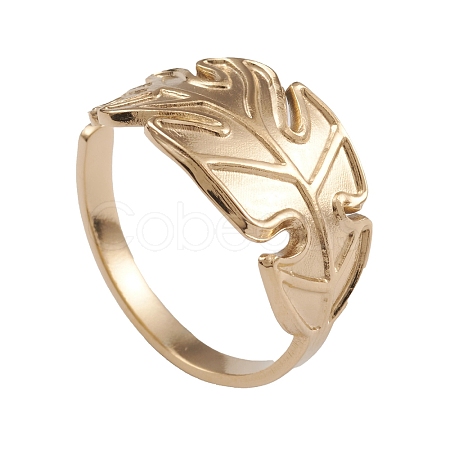 Ion Plating(IP) 304 Stainless Steel Monstera Leaf Open Cuff Rings for Women RJEW-G285-68G-1