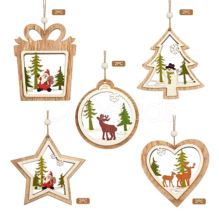 10Pcs 5 Style Wooden Hanging Ornaments sgWOOD-SZ0004-04-1