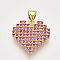 Brass Micro Pave Cubic Zirconia Pendants, Heart, Magenta, Golden, 18x18x3mm, Hole: 4x3mm