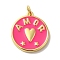 Brass Enamel Pendants, with Jump Ring, Real 18K Gold Plated, Cadmium Free & Lead Free, Flat Round with Heart & Word Amor Charm, Hot Pink, 20.5x18x2.5mm, Hole: 3mm