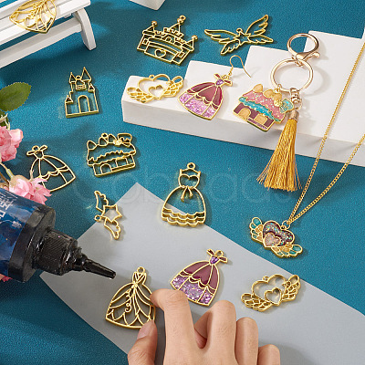 Pandahall 26Pcs 13 Styles Castle & Star Wing & Dress & Heart Alloy Open Back Bezel Pendants FIND-TA0002-93-1