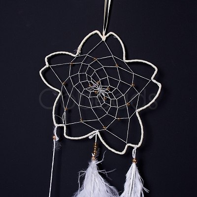 Handmade Flower Woven Net/Web with Feather Wall Hanging Decoration HJEW-A001-03B-1