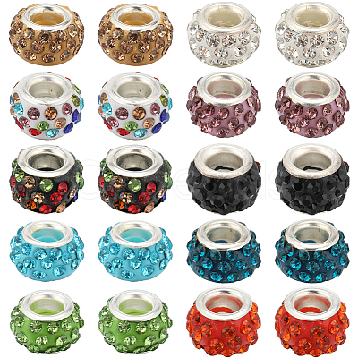 SUNNYCLUE 200Pcs 10 Colors Polymer Clay Rhinestone European Large Hole Beads with Silver Plated Brass Cores FPDL-SC0001-01-1