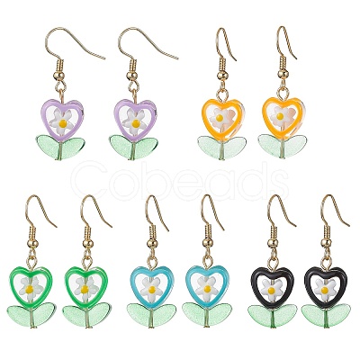 Glass Flower & Lampwork Leaf Dangle Earrings EJEW-JE05524-1