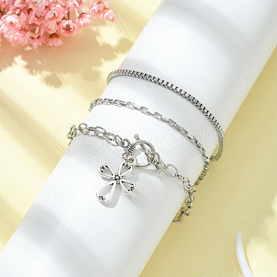 3Pcs 3 Style 316 Surgical Stainless Steel Box & Venetian Chain Bracelets Set with Corss Charms BJEW-FS0001-07-1