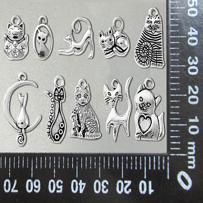 100Pcs 10 Styles Tibetan Style Alloy Kitten Pendants TIBEP-CJ0001-73-1