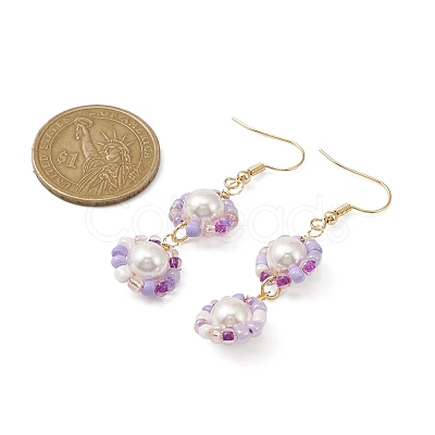 Glass Seed & Shell Pearl Beaded Flower Dangle Earrings EJEW-JE05275-1