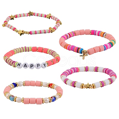 5Pcs 5 Style Handmade Polymer Clay Beads Stretch Bracelets Sets BJEW-SZ0001-77A-1