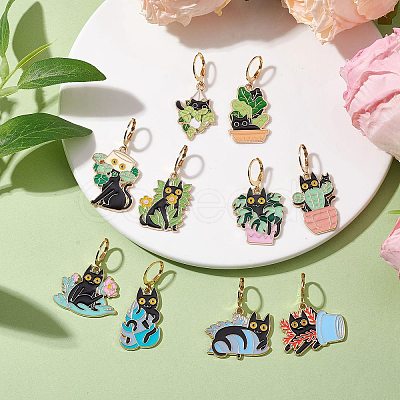 10Pcs 10 Styles Cat Shape Alloy Enamel Dangle Earrings EJEW-JE05822-1