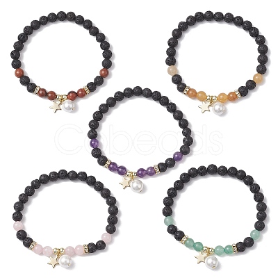 6mm Round Natural Lava Rock & Gemstone Beaded Stretch Bracelets BJEW-JB10846-1