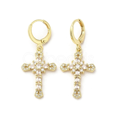 Cross Real 18K Gold Plated Brass Dangle Leverback Earrings EJEW-L268-036G-03-1