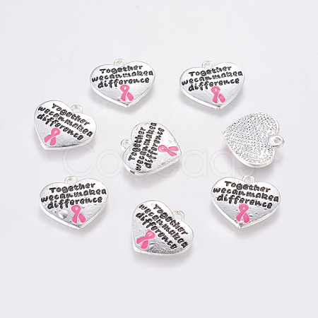 Heart with Breast Cancer Pink Awareness Ribbon and Carved Affirmation Word Alloy Enamel Pendants ENAM-C1497-12-1