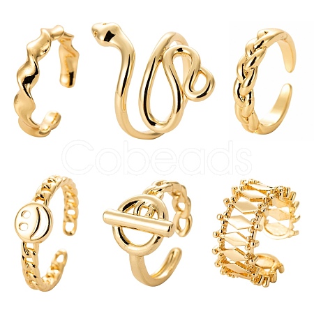 6Pcs 6 Styles Brass Cuff Rings RJEW-LS0001-32G-1