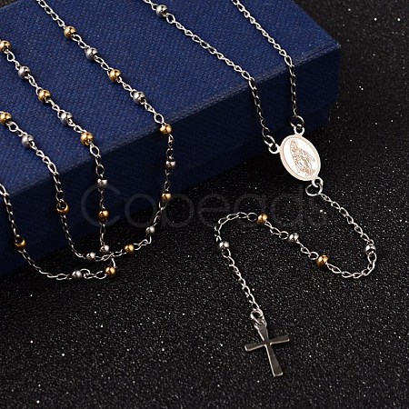 Crucifix Cross 304 Stainless Steel Rosary Bead Necklaces NJEW-O096-30-1