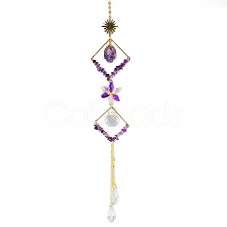 Wire Wrapped Natural Amethyst Chips & Metal Rhombus Hanging Ornaments PW-WG8E26C-01-1