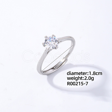 Flat Round Platinum Brass Adjustable Ring with Cubic Zirconia EG7863-4-1