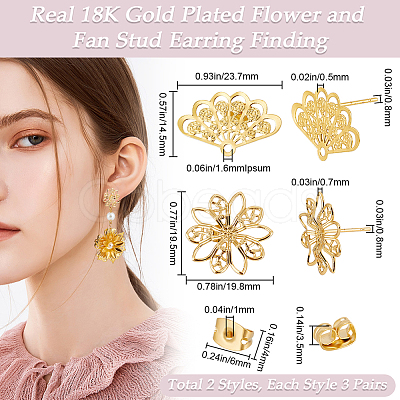 Beebeecraft 6 Pairs 2 Style Brass Stud Earring Findings KK-BBC0012-14-1