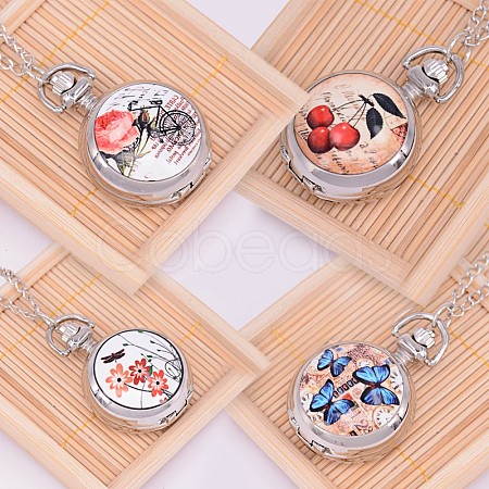 Alloy Flat Round with Pattern Printed Porcelain Openable Quartz Pocket Watch Pendant Necklace WACH-M126-M02-1