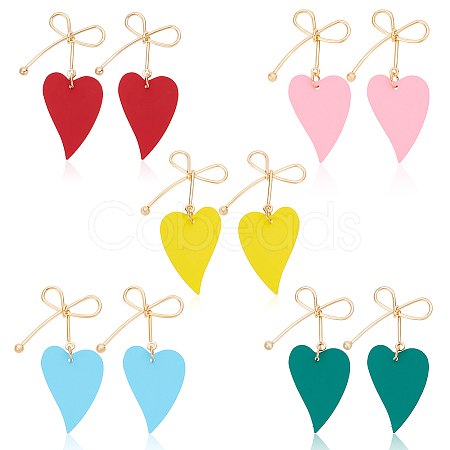 ANATTASOUL 5 Pairs 5 Colors  Alloy Bowknot with Heart Dangle Stud Earrings EJEW-AN0003-59-1