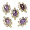 Natural Amethyst Faceted Oval Connector Charms, Rack Plating Brass Micro Pave Clear Cubic Zirconia Flower Links, Golden, 25.5x16x7mm, Hole: 1.2mm