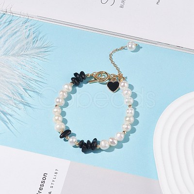 Natural Obsidian & Pearl Beaded Bracelet with Alloy Enamel Heart Charms BJEW-JB08039-06-1