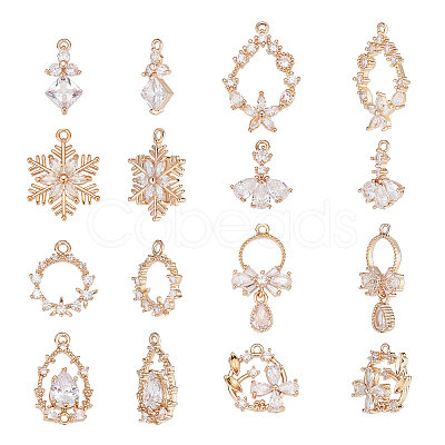 CHGCRAFT 16Pcs 8 Style Brass Micro Pave Clear Cubic Zirconia Pendants KK-CA0003-55-1