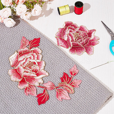 Nbeads 2Pcs 2 Style Peony Polyester Embroidery Sew on Clothing Patches PATC-NB0001-11D-1