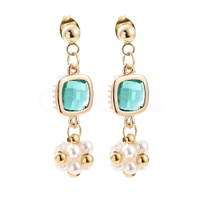 Shell Pearl Flower with Glass Square Dangle Stud Earrings EJEW-TA00162-1