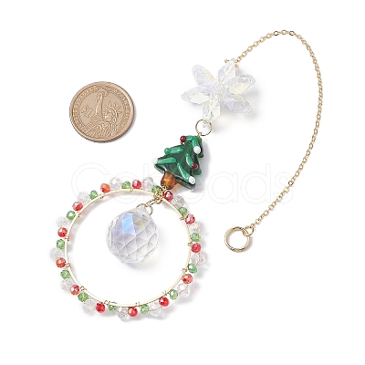 Christmas Wire Wrapped Glass Beads Ring Hanging Ornaments HJEW-TA00202-1