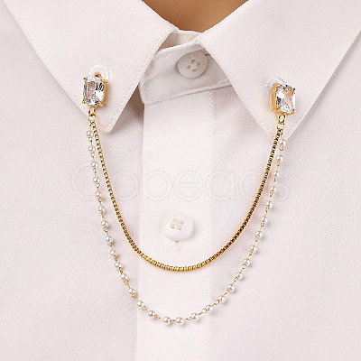 304 Stainless Steel Pave Clear Cubic Zirconia & ABS Pearl Rectangle Hanging Chain Brooch JEWB-S021-03G-1