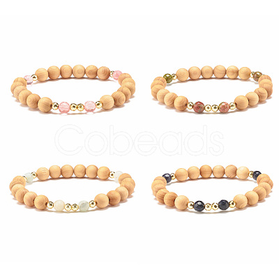 Natural Wood & Gemstone Beaded Stretch Bracelet BJEW-JB07820-1