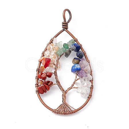 7 Chakra Teardrop Natural Mixed Stone Copper Wire Wrapped Chip Big Pendants G-E195-11R-02-1